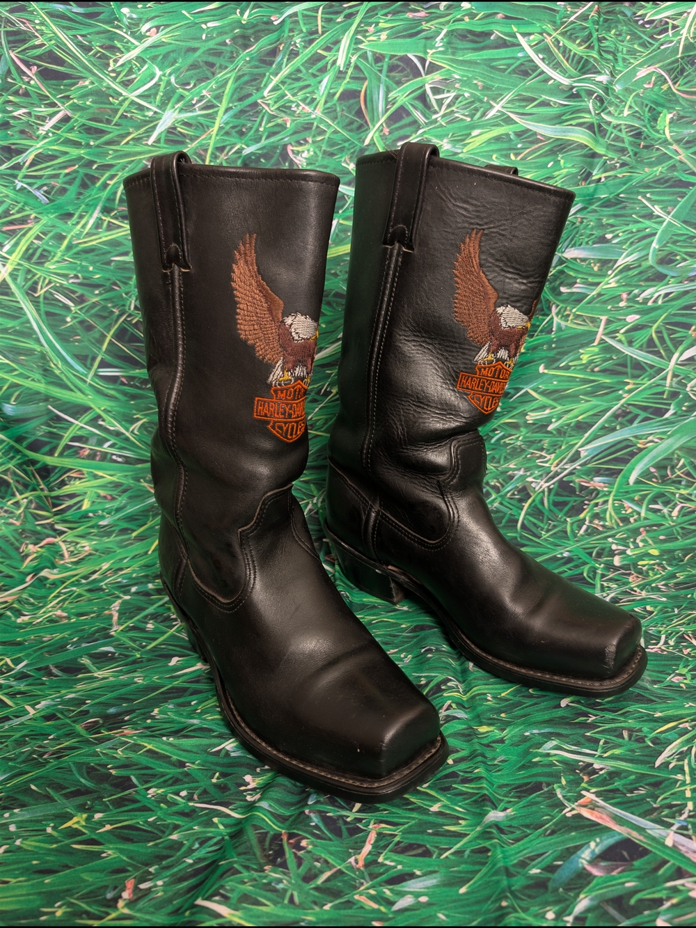 VTG Harley Davidson Black Leather Motorcycle Boots Patina Embroidered Eagle 8L - Picture 3 of 12